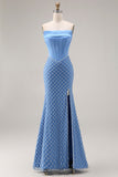 Corset bleu sans anneaux perlés de perles sirène longue robe de bal avec fente