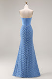 Corset bleu sans anneaux perlés de perles sirène longue robe de bal avec fente