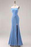 Corset bleu sans anneaux perlés de perles sirène longue robe de bal avec fente