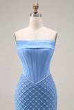 Corset bleu sans anneaux perlés de perles sirène longue robe de bal avec fente