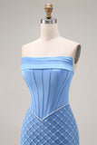 Corset bleu sans anneaux perlés de perles sirène longue robe de bal avec fente
