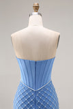 Corset bleu sans anneaux perlés de perles sirène longue robe de bal avec fente