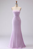 Corset simple sirène sans bretelles en satin longue robe lilas givrée
