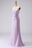 Corset simple sirène sans bretelles en satin longue robe lilas givrée