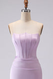 Corset simple sirène sans bretelles en satin longue robe lilas givrée