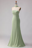 Robe longue de demoiselle d’honneur en satin satin en saute bustier sans bretelles avec un foulard