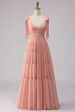 Blush Ligne A Bandes à nœud Tirant ouverte et chiffon longue robe de demoiselle d’honneur