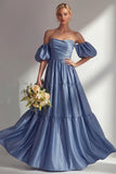 Robe de bal longue en satin à épaules dénudées, robe de bal longue en satin à manches amovibles