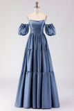 Robe de bal longue en satin à épaules dénudées, robe de bal longue en satin à manches amovibles