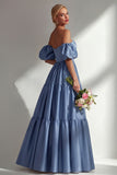Robe de bal longue en satin à épaules dénudées, robe de bal longue en satin à manches amovibles