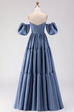 Robe de bal longue en satin à épaules dénudées, robe de bal longue en satin à manches amovibles