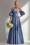Robe de bal longue en satin à épaules dénudées, robe de bal longue en satin à manches amovibles