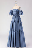 Robe de bal longue en satin à épaules dénudées, robe de bal longue en satin à manches amovibles