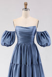 Robe de bal longue en satin à épaules dénudées, robe de bal longue en satin à manches amovibles