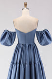 Robe de bal longue en satin à épaules dénudées, robe de bal longue en satin à manches amovibles