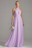 Robe longue de demoiselle d’honneur en ligne lilas découpée en chiffon A