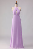 Robe longue de demoiselle d’honneur en ligne lilas découpée en chiffon A