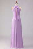 Robe longue de demoiselle d’honneur en ligne lilas découpée en chiffon A