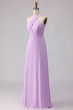 Robe longue de demoiselle d’honneur en ligne lilas découpée en chiffon A