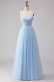 Robe de demoiselle d'honneur longue bleue en chiffon ligne A bustier sans bretelles
