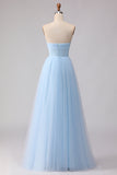 Robe de demoiselle d'honneur longue bleue en chiffon ligne A bustier sans bretelles