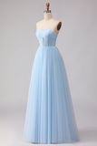 Robe de demoiselle d'honneur longue bleue en chiffon ligne A bustier sans bretelles