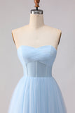 Robe de demoiselle d'honneur longue bleue en chiffon ligne A bustier sans bretelles