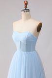 Robe de demoiselle d'honneur longue bleue en chiffon ligne A bustier sans bretelles