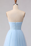 Robe de demoiselle d'honneur longue bleue en chiffon ligne A bustier sans bretelles