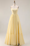 Corset A-Line sans bretelles en sorbet au citron sorbet en mousseline, longue robe de demoiselle d’honneur avec fente