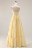 Corset A-Line sans bretelles en sorbet au citron sorbet en mousseline, longue robe de demoiselle d’honneur avec fente