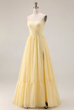 Corset A-Line sans bretelles en sorbet au citron sorbet en mousseline, longue robe de demoiselle d’honneur avec fente