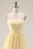 Corset A-Line sans bretelles en sorbet au citron sorbet en mousseline, longue robe de demoiselle d’honneur avec fente