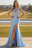 Robe de bal longue sirène à col en V à perles bleu clair et scintillante