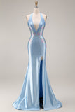 Robe de bal longue sirène à col en V à perles bleu clair et scintillante