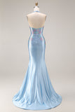 Robe de bal longue sirène à col en V à perles bleu clair et scintillante