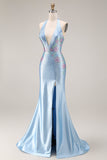 Robe de bal longue sirène à col en V à perles bleu clair et scintillante