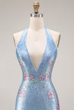 Robe de bal longue sirène à col en V à perles bleu clair et scintillante