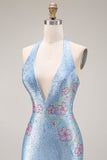 Robe de bal longue sirène à col en V à perles bleu clair et scintillante