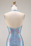 Robe de bal longue sirène à col en V à perles bleu clair et scintillante