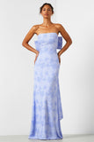 Robe longue jacquard en satin à onglés floraux sans bretelles bleu clair avec un grand nœud dans le dos