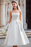 Robe de mariée Midi blanche à bretelles fines avec nœud