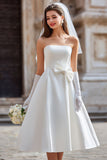 Robe de mariée midi blanche sans bretelles A Line avec nœud (sans gants)