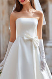 Robe de mariée midi blanche sans bretelles A Line avec nœud (sans gants)