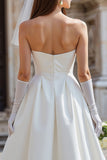 Robe de mariée midi blanche sans bretelles A Line avec nœud (sans gants)