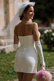 Robe de mariée courte blanche bodycony sans bretelles avec nœud (sans gants)