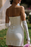 Robe de mariée courte blanche bodycony sans bretelles avec nœud (sans gants)