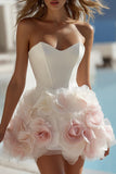Robe courte de mariée courte Sweetheart Bodycon en satin ivoire avec des fleurs 3D
