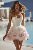Robe courte de mariée courte Sweetheart Bodycon en satin ivoire avec des fleurs 3D