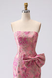 Robe de bal longue en Jacquard sans bretelles en fuchsia avec fente de sirène sirène en fuchsia